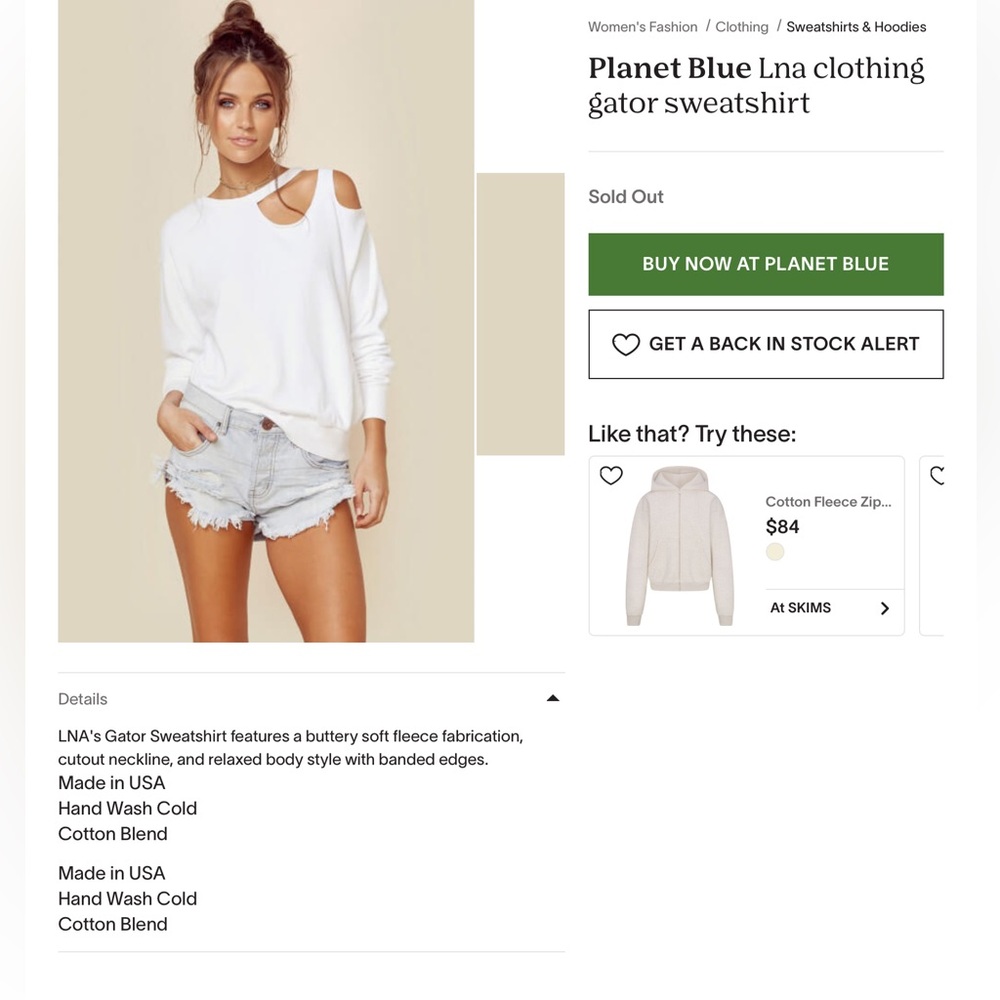 Planet Blue LNA Clothing Gator Cweatshirt, White, Long Sleeves, Cutouts, Sz S - Picture 2 of 11